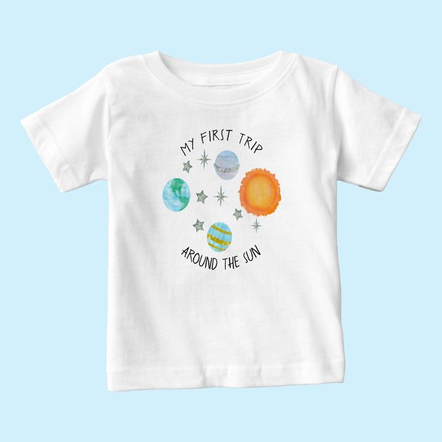 Camiseta Para Bebê Primeira Viagem ao Redor do Sol Planetas de Aniver (Criador carregado)