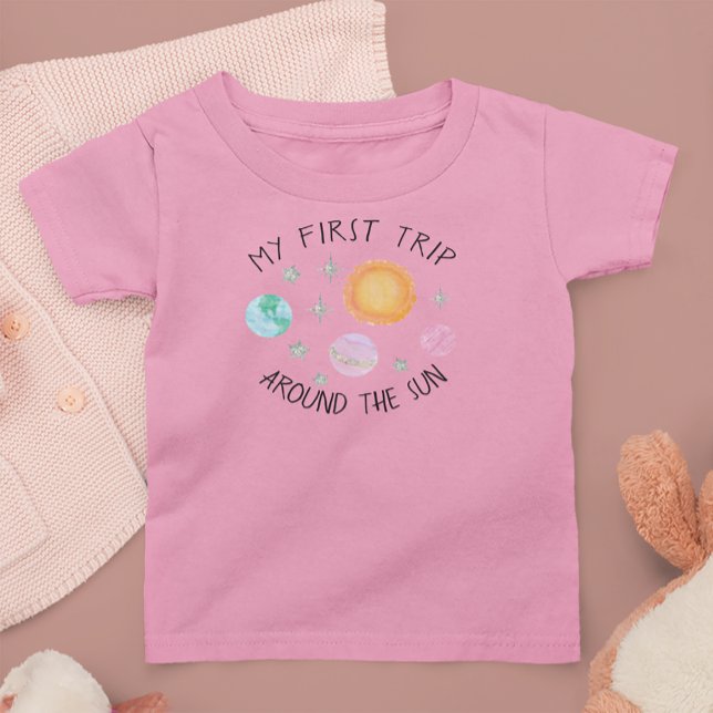 Camiseta Para Bebê Primeira Viagem ao Redor do Sol Rosa para Menina d (Criador carregado)