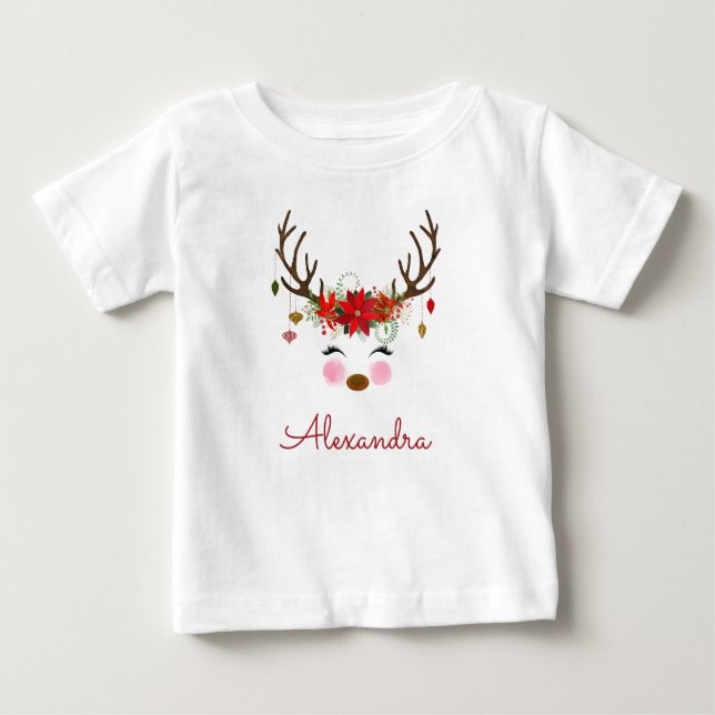 Camiseta Para Bebê Primeiro 1º Natal Rena Monograma (Frente)