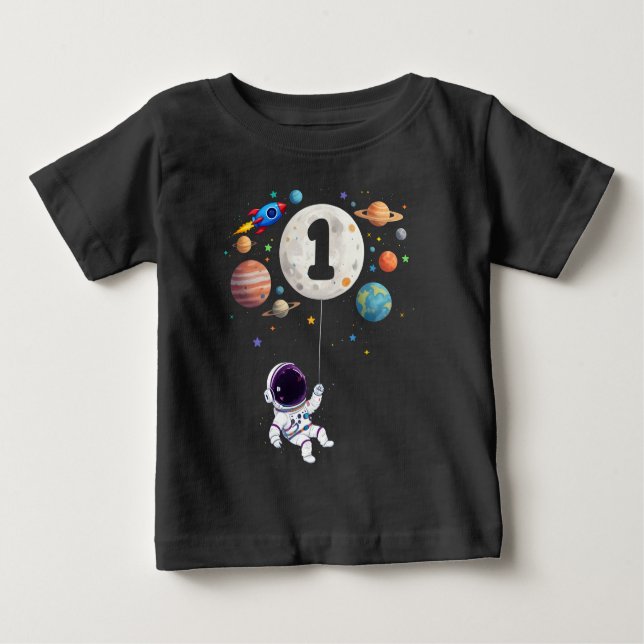 Camiseta Para Bebê primeiro aniversario astronauta de planetas de ani (Frente)