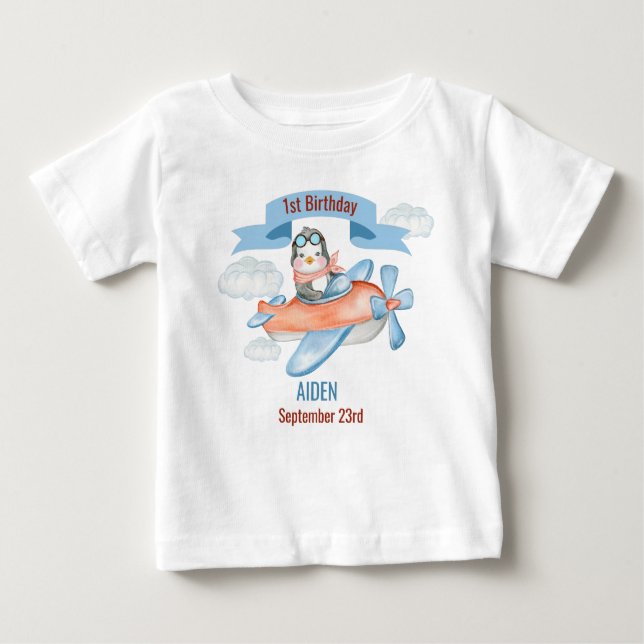 Camiseta Para Bebê Primeiro aniversário Azul do Avião Pinguim (Frente)