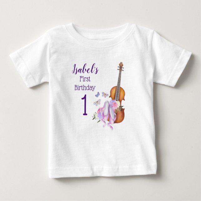 Camiseta Para Bebê Primeiro Aniversário - Balé Violino e Borboletas (Frente)
