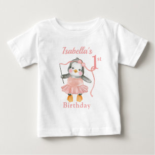 Camiseta Para Bebê primeiro aniversario Ballerina Penguin rosa