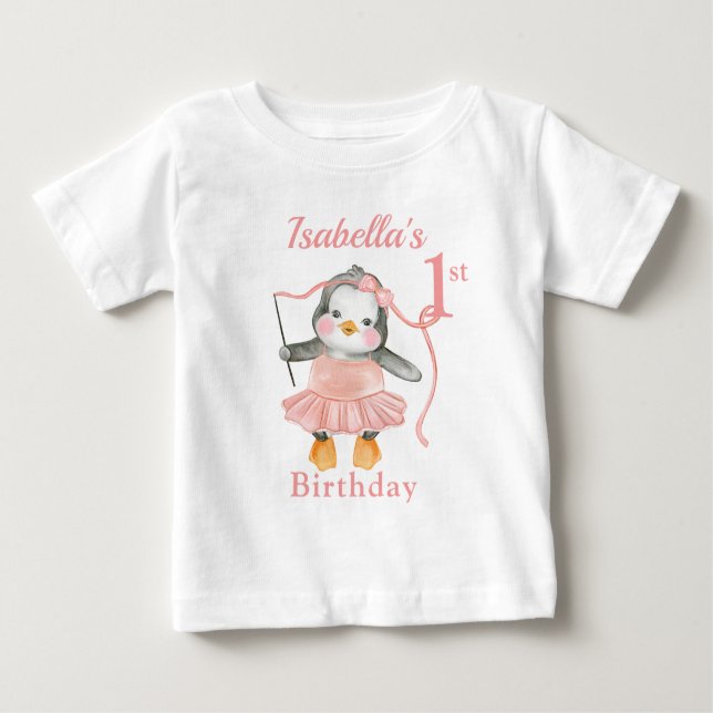 Camiseta Para Bebê primeiro aniversario Ballerina Penguin rosa (Frente)