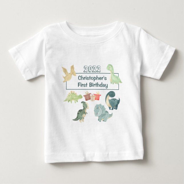Camiseta Para Bebê Primeiro Aniversário Bebê Cute Dinossauro Aquarela (Frente)