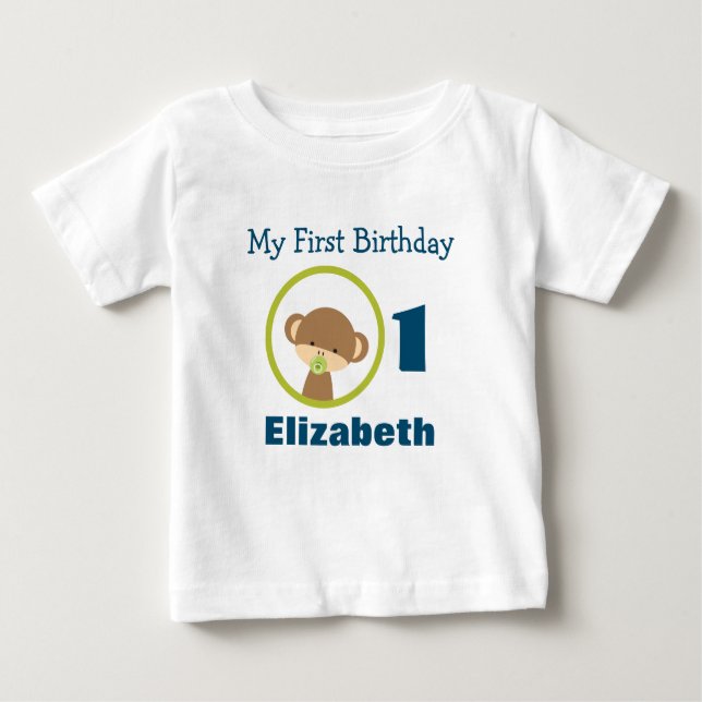 Camiseta Para Bebê Primeiro Aniversário Bebê Safari Macaco com Pacifi (Frente)