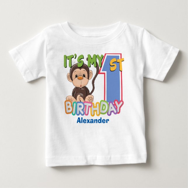 Camiseta Para Bebê Primeiro aniversario bonito do macaco (Frente)