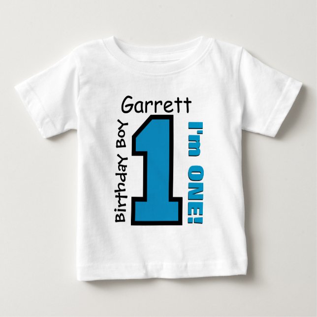 Camiseta Para Bebê primeiro aniversario Boy BLUE One Year Custom Name (Frente)