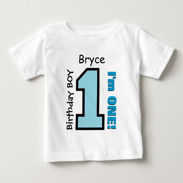 Camiseta Para Bebê primeiro aniversario Boy BLUE One Year Custom Name (Frente)