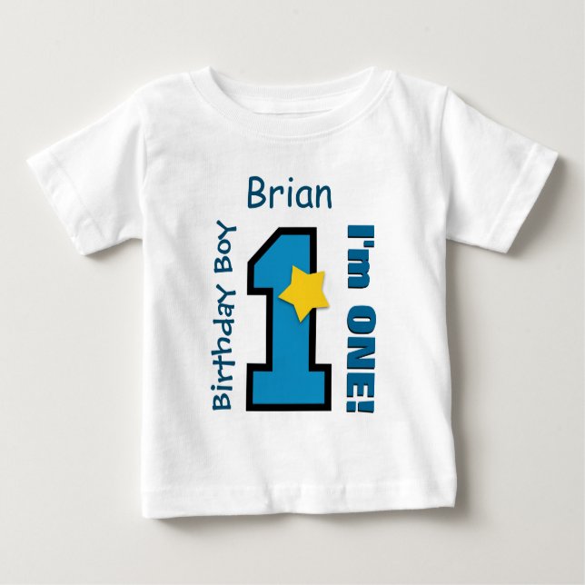 Camiseta Para Bebê primeiro aniversario Boy BLUE One Year Custom Name (Frente)
