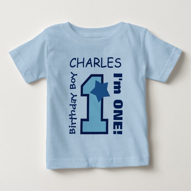 Camiseta Para Bebê primeiro aniversario Boy BLUE Um Ano Nome Personal (Frente)