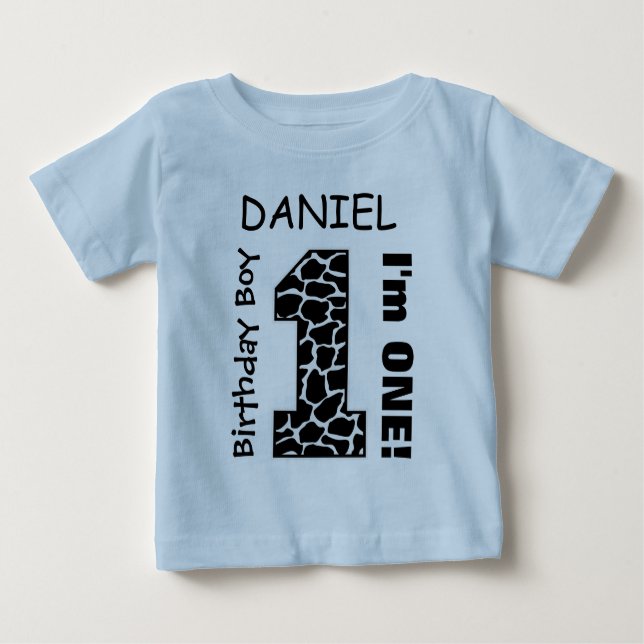 Camiseta Para Bebê primeiro aniversario Boy GIRAFFE Um Ano Nome Perso (Frente)