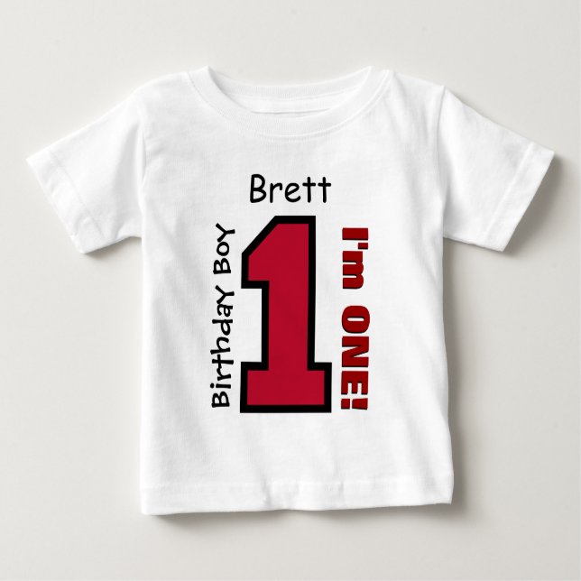Camiseta Para Bebê primeiro aniversario Boy RED One Year Custom Name  (Frente)