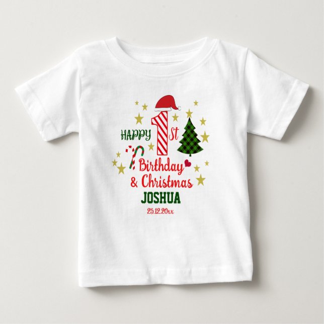 Camiseta Para Bebê Primeiro aniversario branco e feliz personalizado  (Frente)