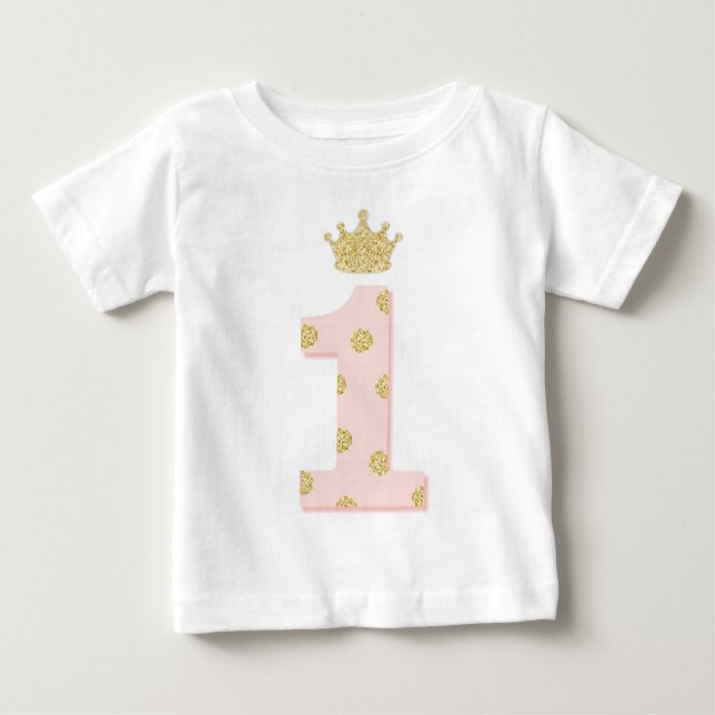 Camiseta Para Bebê Primeiro aniversario brilhante Dourado Princesa Pr (Frente)