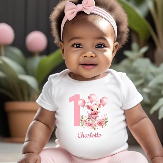 Camiseta Para Bebê Primeiro aniversario, , Camisa-Fazenda, , Pintura (Pink Cute Pig Girl Farm 1st Birthday Baby T-Shirt)