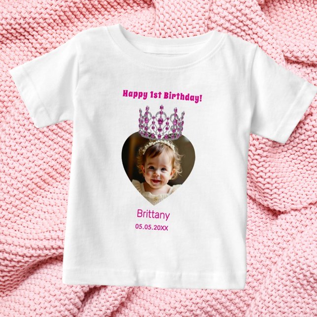 Camiseta Para Bebê primeiro aniversario com foto com idade rosa tiara (Criador carregado)
