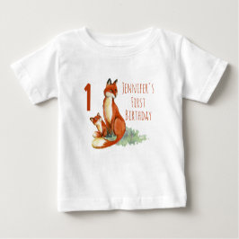 Camiseta Para Bebê Primeiro Aniversário com Raposas Desenho de Aquare