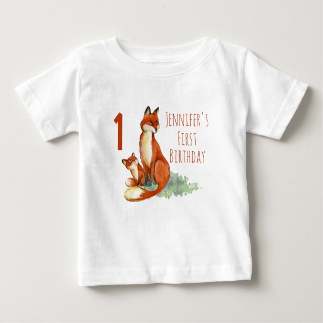 Camiseta Para Bebê Primeiro Aniversário com Raposas Desenho de Aquare (Frente)