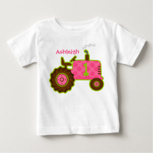 Camiseta Para Bebê Primeiro aniversario cor-de-rosa do trator