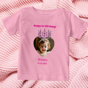 Camiseta Para Bebê primeiro aniversario cor-de-rosa fotografia tiara