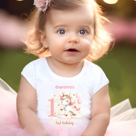 Camiseta Para Bebê Primeiro aniversario cor-de-rosa Unicorn Nome Baby