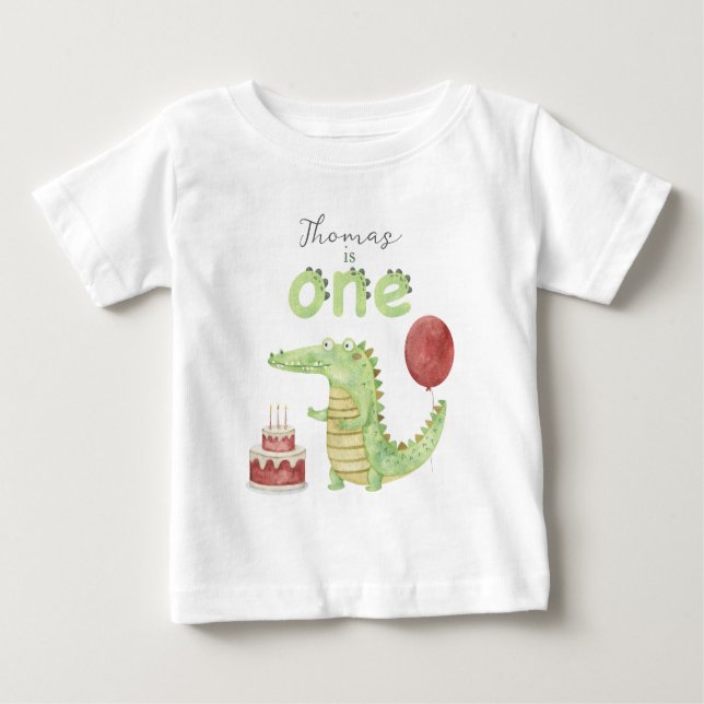 Camiseta Para Bebê Primeiro aniversario Crocodilo de Aquarela (Frente)
