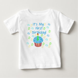 Camiseta Para Bebê Primeiro aniversario Cupcake azul