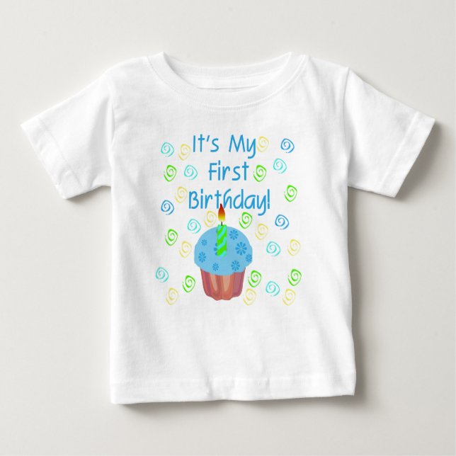 Camiseta Para Bebê Primeiro aniversario Cupcake azul (Frente)