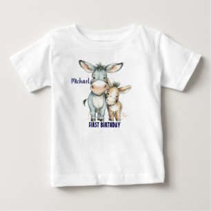 Camiseta Para Bebê Primeiro Aniversário, Cute Donkeys Personaliza