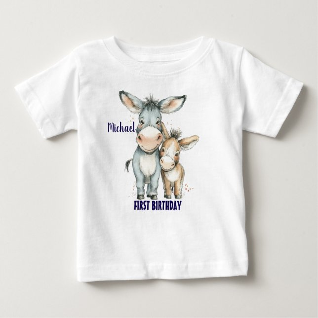 Camiseta Para Bebê Primeiro Aniversário, Cute Donkeys Personaliza (Frente)