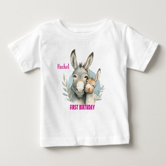 Camiseta Para Bebê Primeiro Aniversário, Cute Donkeys Personaliza (Frente)