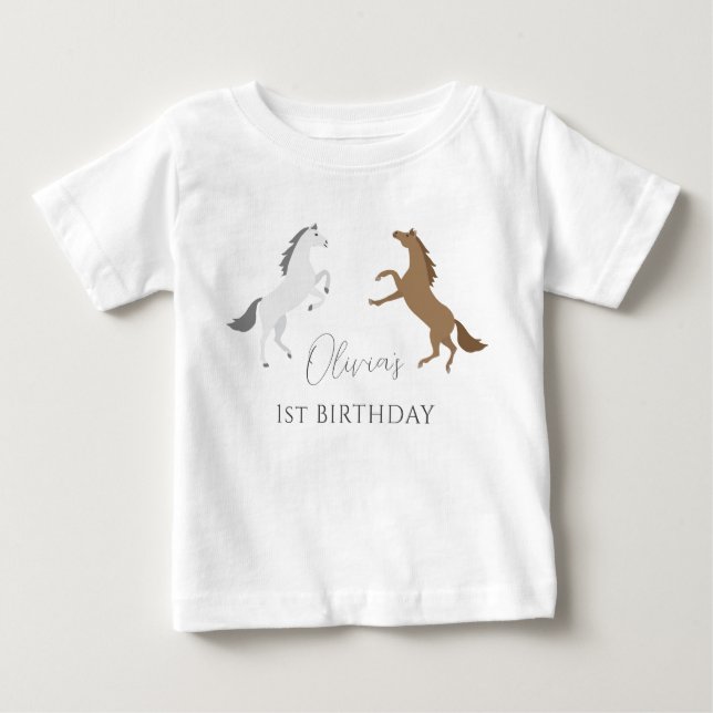 Camiseta Para Bebê Primeiro Aniversário da Cowgirl Horse Modern (Frente)