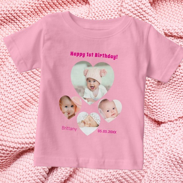 Camiseta Para Bebê primeiro aniversario data foto colagem bebê menina (Criador carregado)