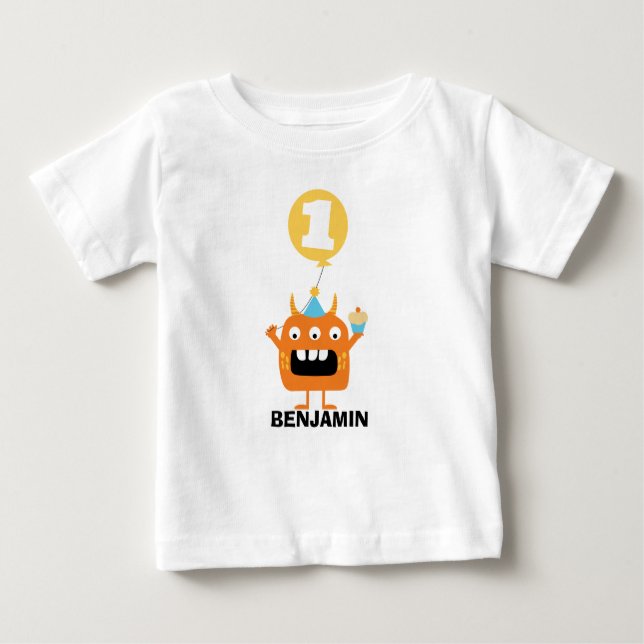 Camiseta Para Bebê Primeiro aniversario de balão de Cupcake monstro (Frente)
