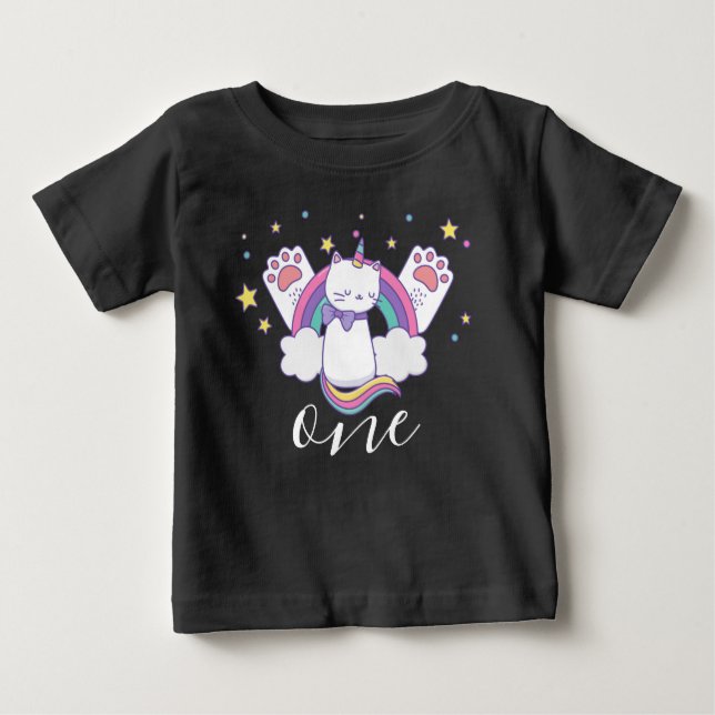 Camiseta Para Bebê Primeiro aniversario de Catimilho Gato, Unicórnio (Frente)