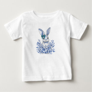 Camiseta Para Bebê Primeiro aniversario de Coelho Floral Azul para Cr