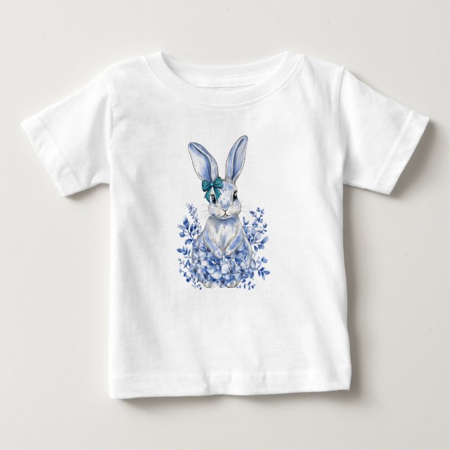 Camiseta Para Bebê Primeiro aniversario de Coelho Floral Azul para Cr (Frente)