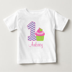 Camiseta Para Bebê Primeiro aniversario de Cupcake rosa personalizado