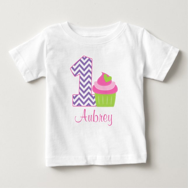 Camiseta Para Bebê Primeiro aniversario de Cupcake rosa personalizado (Frente)