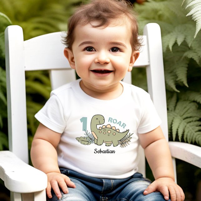 Camiseta Para Bebê Primeiro aniversario de desenho animado azul Dinos (Cute Cartoon Dinosaur Blue Green Boy 1st Birthday Baby T-Shirt)