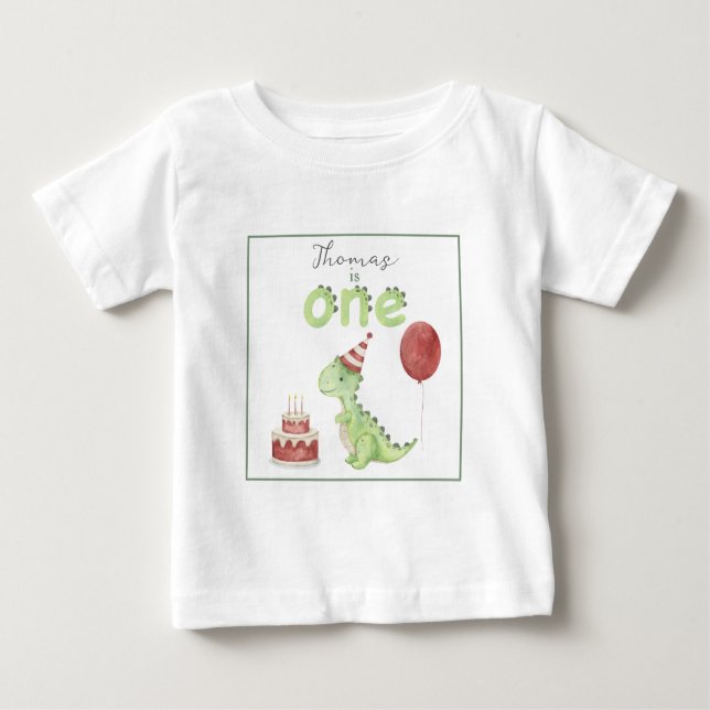 Camiseta Para Bebê Primeiro aniversario de Dinossauro de Aquarela (Frente)