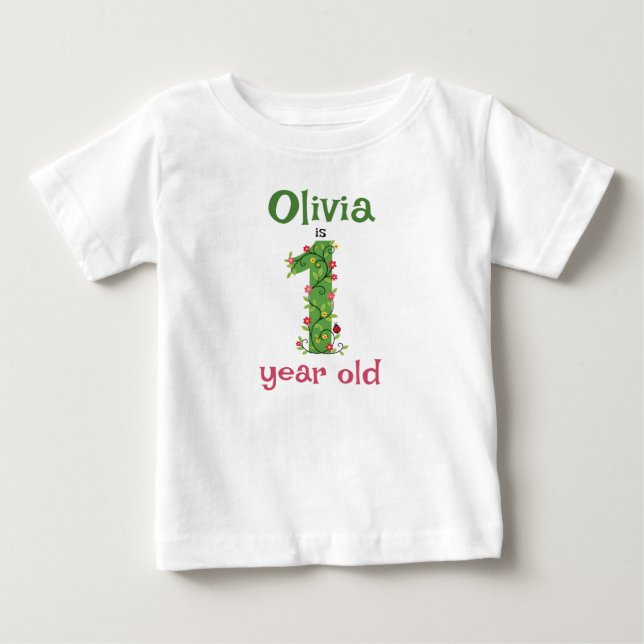 Camiseta Para Bebê Primeiro Aniversário de Flores e Trepadeiras (Frente)