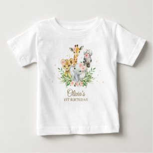 Camiseta Para Bebê Primeiro aniversario de Garota Floral Rosa Selva