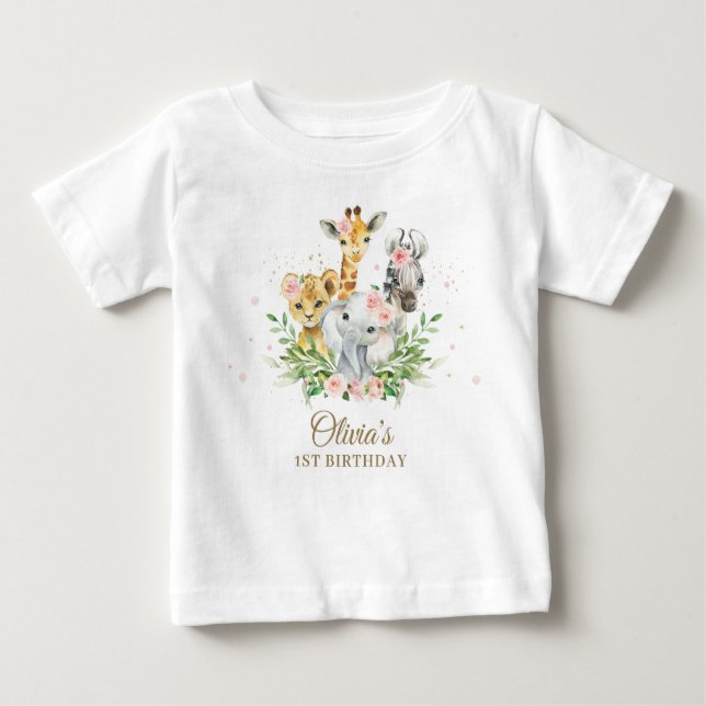 Camiseta Para Bebê Primeiro aniversario de Garota Floral Rosa Selva (Frente)