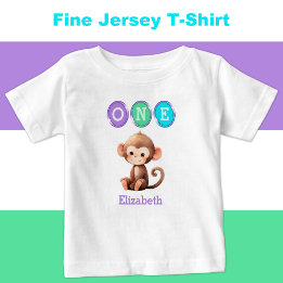 Camiseta Para Bebê Primeiro aniversario de macaco com nome roxo