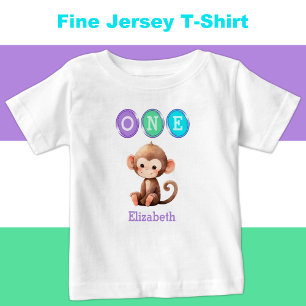 Camiseta Para Bebê Primeiro aniversario de macaco com nome roxo