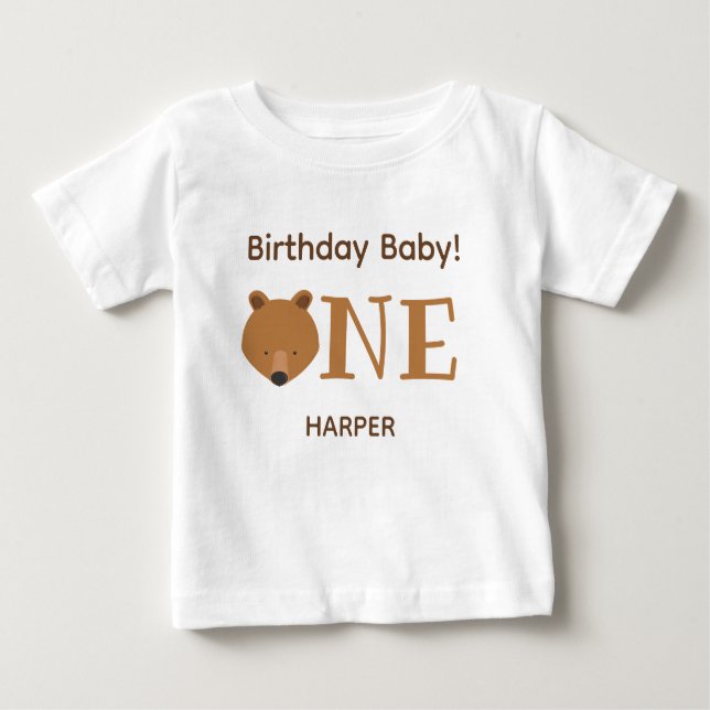 Camiseta Para Bebê Primeiro aniversario de nome do 'Cute Bear Um' (Frente)