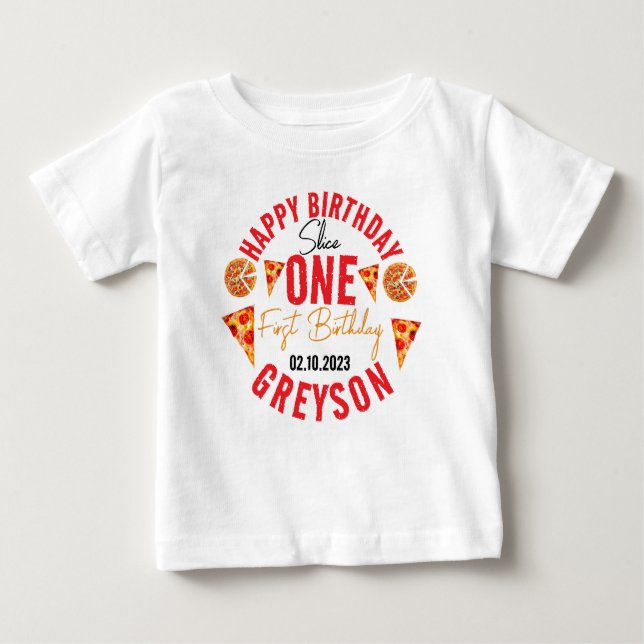 Camiseta Para Bebê Primeiro aniversario de Pizza Bebê com Fatia Moder (Frente)