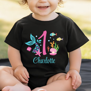 Camiseta Para Bebê Primeiro aniversario de Rapariga Sereia Mar Person
